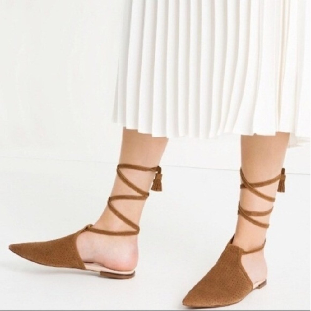 Zara Brown Suede Perforated Pointed Toe Lace Up Ankle Tie Tassel D'Orsay Flats